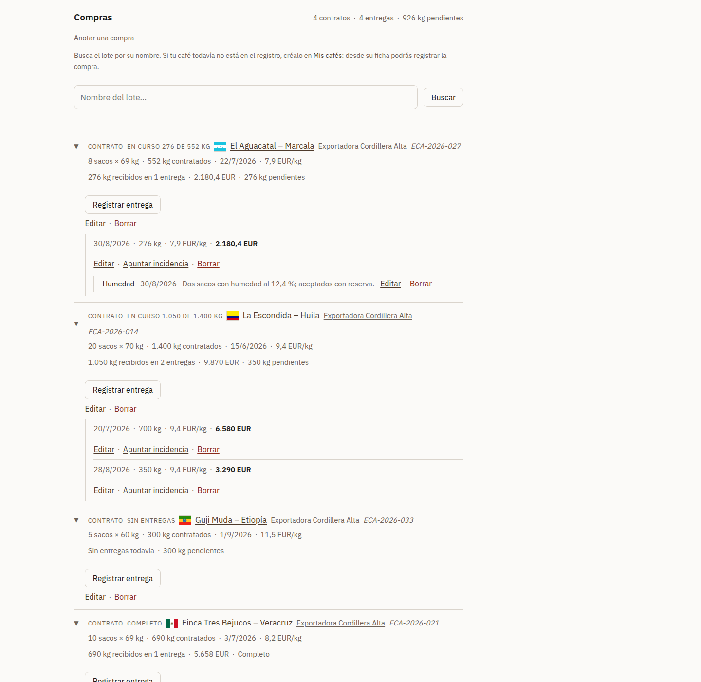 Pantalla de compras, con los contratos, sus entregas y una incidencia.